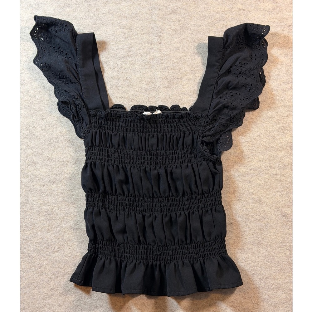 Smocked Eyelet Flutter Sleeve Blouse Square Neck Ruffle Hem Size S Goth
